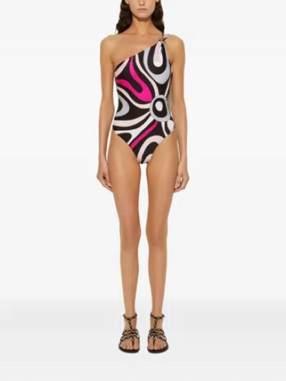 Emilio Pucci Black White Pink Abstract One-Piece Swimsuit